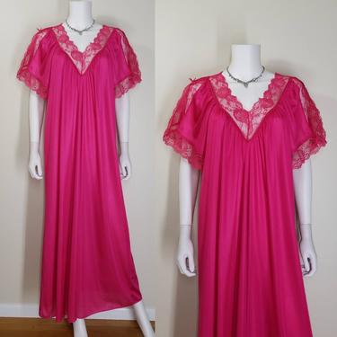 Vintage Angel Sleeve Nightgown, Large / Bright Pink Free Bust Nightgown / Flared Maxi Length Lace Nightgown / Vintage Nylon Loungewear 