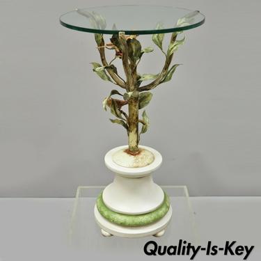 Vintage Italian Toleware Tole Metal Bird Tree Round Glass Top Accent Side Table