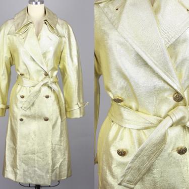 1960s GOLD TRENCH Coat | Vintage 60s 70s Metallic Double Breasted Faux Lizard Belted Coat | medium 