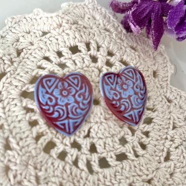 Heart Shape Earrings, Lace Design, Ceramic, Pottery, Statement, Studs, OOAK Artisan Vintage 
