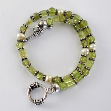 70's prasiolite pearl sterling boho ankle bracelet, green quartz bead &amp; barrel potato pearl 925 silver hippie anklet 