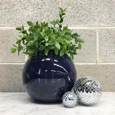 Vintage Vase Retro 1980s Contemporary + Ceramic + Orb Shaped + Round + Dark Midnight Blue + Flower or Plant Display + Home and Table Decor 