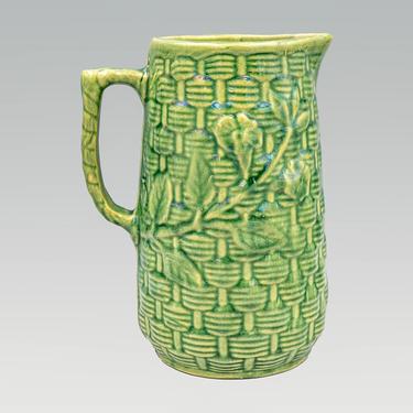 Brush McCoy Willow Antique Pitcher | Early McCoy Yellow Ware Stoneware | Green Basketweave Pattern 