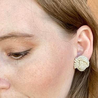 Vintage 60s Earrings, Pearl Cluster Earrings, Clip On Earrings, Beaded Knot Earrings, 1960s Jewelry 