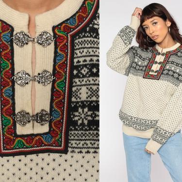 Nordic Wool Sweater 80s Cream Norwegian Sweater Fair Isle Sweater Boho Nordic Ski Bohemian Knit Retro Pullover Small Medium 