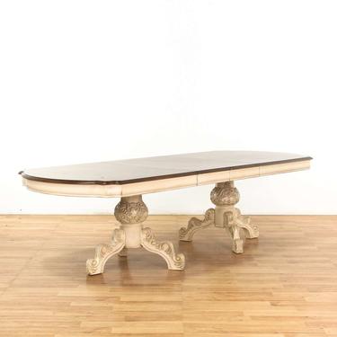 Cream Carved Trestle Base Dining Table w/ Wood Top