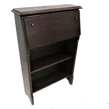 Solid Wood Desk | English Dark Oak Drop Front Narrow Larkin Style Secretary Desk 
