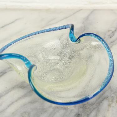 Blue Rimmed White Speckled Art Glass Bowl Dish 