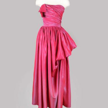 Vtg Fuchsia Pink Party Prom Dress, Taffeta Sharkskin, Evening Gown Vintage 1950's Purple Red Strapless Small 