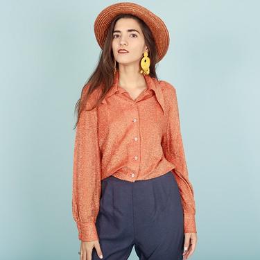 70s Orange Glitter Blouse Vintage Long Sleeve Shimmer Top 