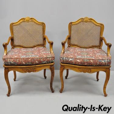 Pair of Vintage French Provincial Louis XV Style Cane Fauteuil Arm Chairs