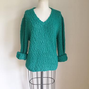 Vintage 1980s Teal Boucle Puff Sleeve Sweater / L 