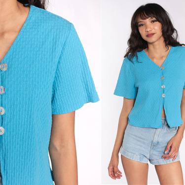 Vintage 90s Blue Top Blouse Button Up Shirt Front Slit Baby Tee Plain Hipster Short Sleeve 1990s Medium Large 