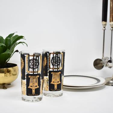 Swank High Ball Glasses &amp;quot;Trivets&amp;quot; Black+Gold Federal Eagle Cathedral Culver Style Tumblers Pair of Two Hollywood Regency 1960s 1970s 1950s 