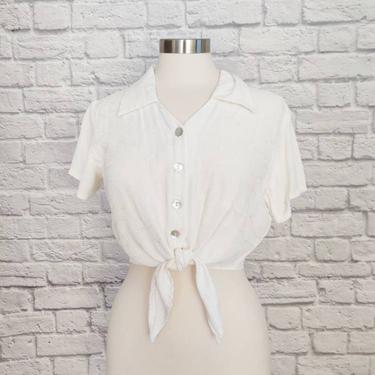 Vintage White Button-Up Tie Front Blouse // Embroidered Front 