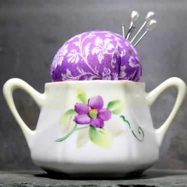 Purple Flowers Pin Cushion - Sweet Vintage Ceramic Toothpick Holder - Upcycled Vintage Pin Cushion - Handmade  | FREE SHIPPING 