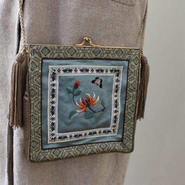 Vintage Embroidered Floral Satin Long Rope Strap Crossbody Purse 
