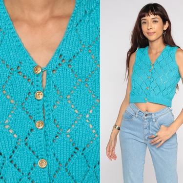 Crochet Sweater Vest Top 70s Turquoise Blue Knit Tank Top Sleeveless Nerd 80s Boho Shirt Crop Top Sleeveless Hippie Vintage Small S 