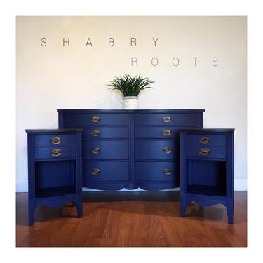 NEW! Antique federal bedroom set in blue. Dresser and two nightstands. Solid wood bow front. Navy blue / royal blue San Francisco, CA by Shab