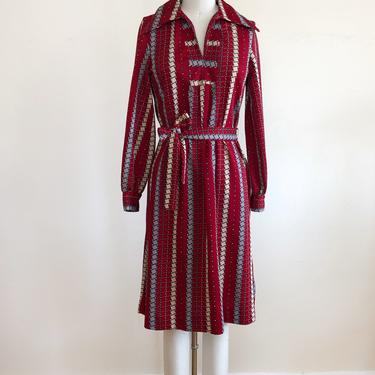 Red Geometric Stripe Print Dress - 1970s 