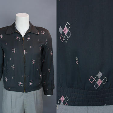 1950s PINK DIAMOND Print Ricky Jacket | Vintage 50s Men's Grey Gabardine Jacket with Pink &amp; White Harlequin Argyle Design | medium 