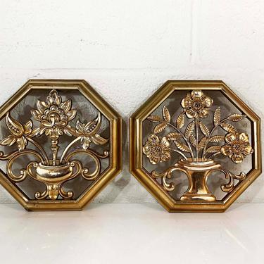 Vintage Syroco Plastic Wall Hangings Floral Flowers Gold Set Two Pair Flower 1960s 1962 Dart Homco Boho Octagon Decor Hollywood Regency 