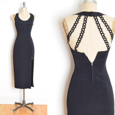 vintage 90s dress black backless crochet straps long party prom cocktail gown XS 