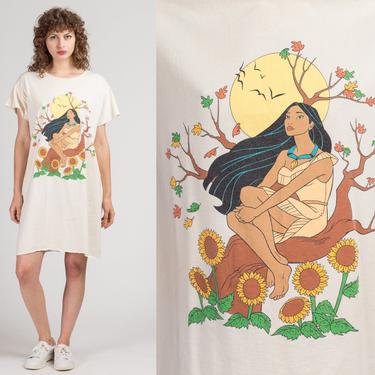 90s Oversize Pocahontas T Shirt Dress - One Size | Vintage Off-White Cartoon Graphic Sleep Shirt 