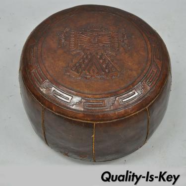Vintage Brown Tooled Saddle Leather Peruvian Ottoman Hassock with Handle
