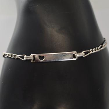 Dainty 60's sterling ID bracelet, sweet little cut out heart engravable 925 silver rectangle on figaro chain wristlet 