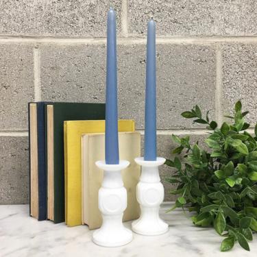 Vintage Candlestick Holders Retro 1970s Milk Glass + White + Set of 2 Matching + Geometric + Candleholder + Bud Vase + Home and Table Decor 