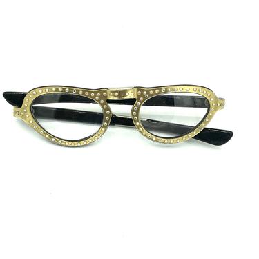 50s Gold Rhinestone Folding Cats Eye Glasses