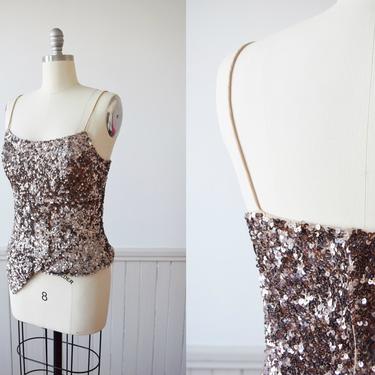 Caché Pink Champagne Sequined Tank | 1990s Vintage Sequined Top | M 