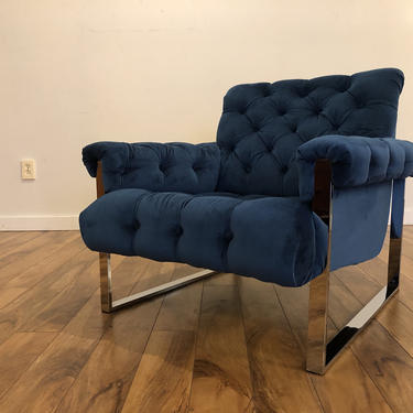 Mid Century Chrome Tufted Lounge Chair, Newly Reupholstered in Fabulous Blue Fabric 