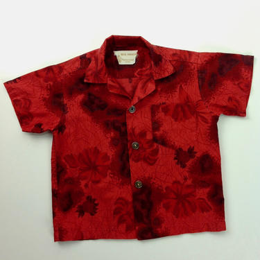 1950&#39;S Child&#39;s Hawaiian Shirt / Tropical Hibiscus Print / All Cotton / Metal Buttons / Patch Pocket / Child&#39;s Size Small 