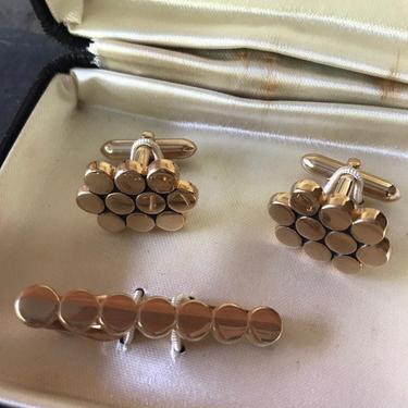 Swank Cufflinks &amp; Tie Clip Set Early Box Gift Bubbles Circles Honeycomb Art Deco 1950s Mid-Century 