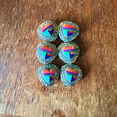 Navajo /Zuni Sterling Silver Stamped Multi Gem Inlay Button Covers Set of Six 