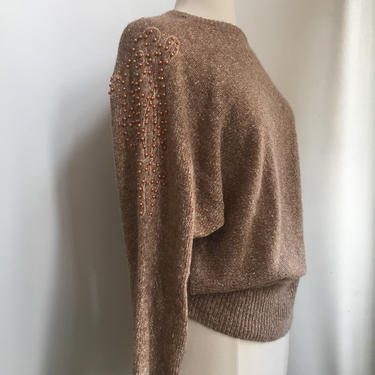 Vintage 80’s Copper PEARL Embroidered SLOUCHY Sweater / REVERSIBLE / Lambswool + Angora Blend / M 