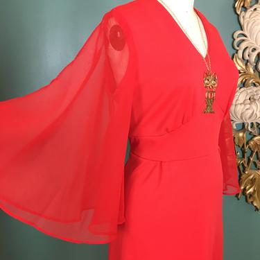 1970s maxi dress, vintage 70s dress, angel sleeve dress, size x large, tomato red polyester, sheer sleeve, 42 bust. plus size, evening gown 