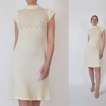 1960's Jane Knit Dress | 1960's Ivory Knit Dress | Knit Crochet Dress 