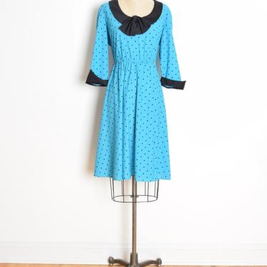 vintage 80s dress blue black polka dot print bow secretary midi dress L XL clothing 