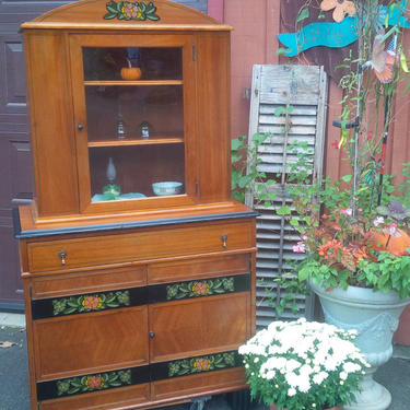 China Cabinet VINTAGE DECO Cupboard MCM Maple Poppy Cottage Painted Furniture Shipping is based on Zip / Retro Farmhouse One of a Kind 