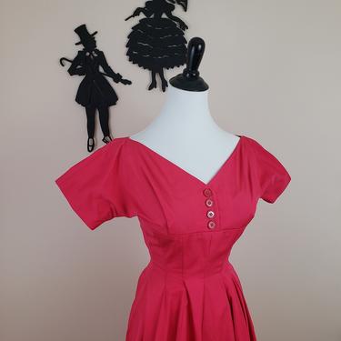 Vintage 1950's Anne Fogarty Dress / 50s Shocking Pink Full Circle Skirt Dress XS/S 