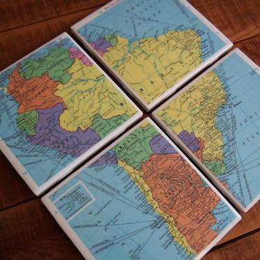 1993 South America Vintage Map Coasters - Ceramic Tile Set of 4 - Repurposed 1990s Atlas - Handmade - Brazil Chile Argentina Colombia Peru 