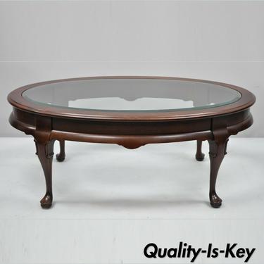 Oval Glass Top Cherry Queen Anne Leg Coffee Table Hammary Carlton Manor