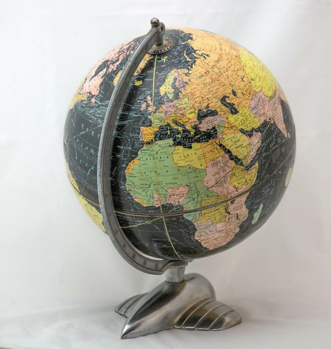 12" 1935 antique table terrestrial globe WEBER COSTELLO PLANE BASE black globe