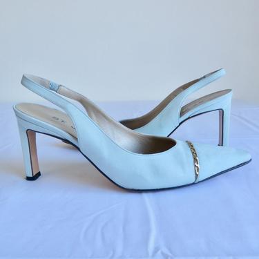 Vintage Size 7 Pastel Blue Suede Slingback High Heels St John Gold Chain Trrim Made in Italy 1980's 1990's 