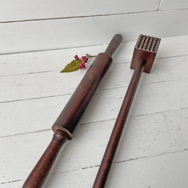 Vintage Wood Rolling Pin And Meat Tenderizer, Mallet // Primitive Farmhouse Decor, Rolling Pin // Farmhouse Kitchen // Perfect Gift 