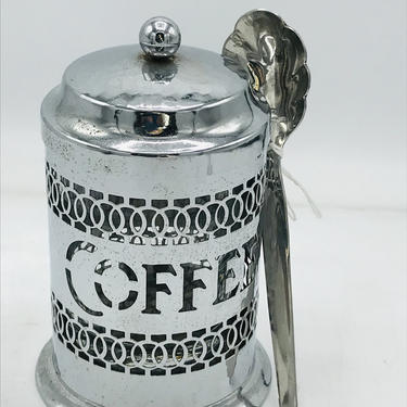 Vintage  Coffee Storage Punched Chrome Punched Metal with  Glass Liner-Spoon Included 
