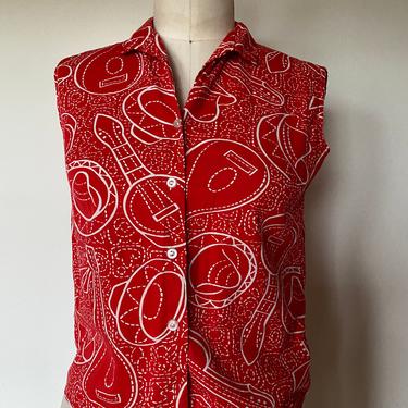 vintage sleeveless 1970s cotton musical instrument print blouse size x-small 